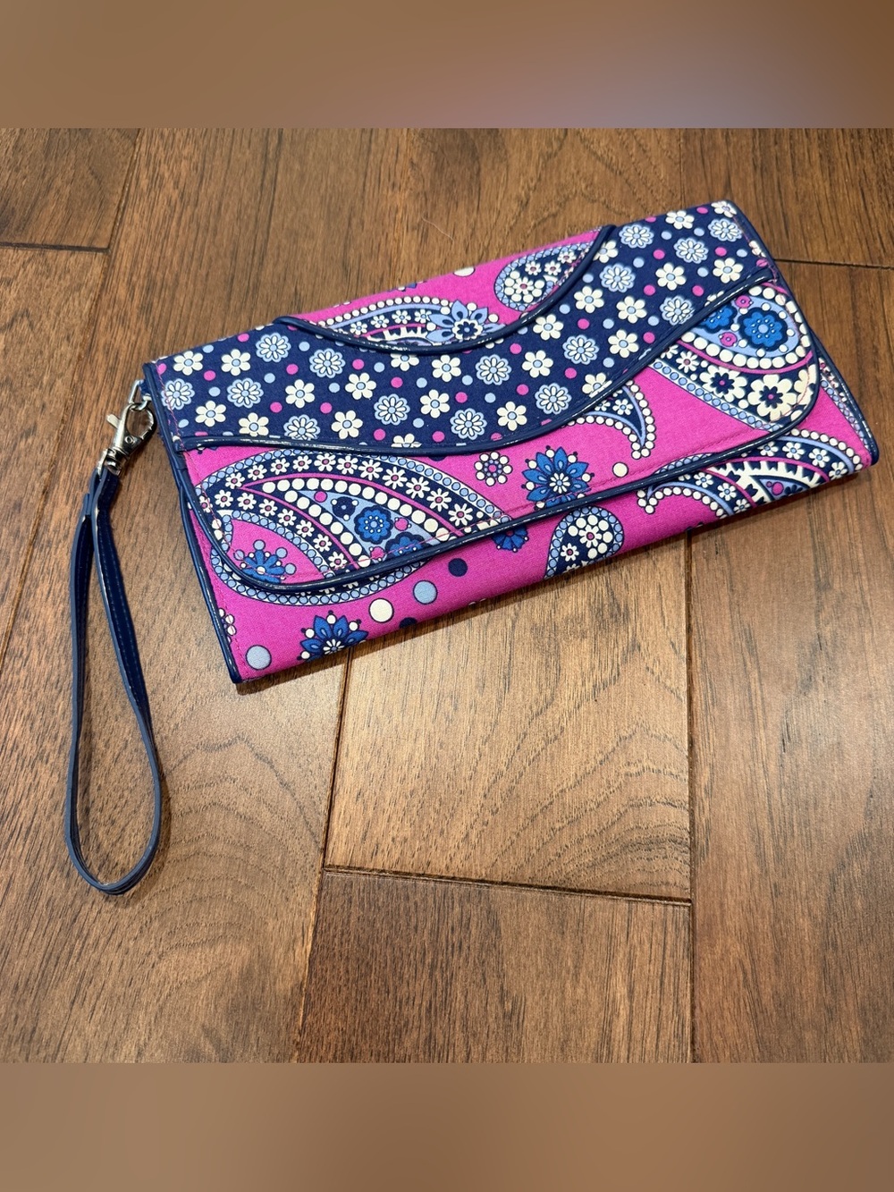Vera Bradley Pink and Navy Floral Paisley Wristlet Clutch Bag